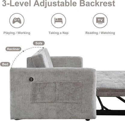 57.48" Convertible Sofa Bed with Cup Holder, Pull Out Sleeper Sofa Bed with USB Charging Ports, 3 in 1 Convertible Sleeper Sofa Bed for Living Room, Apartment, Bedroom, RV, Grey