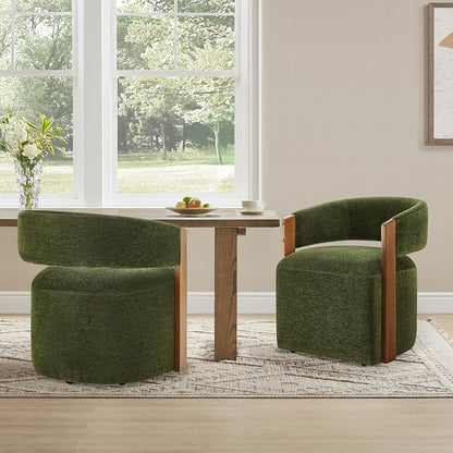 KISLOT Upholstered Dining Chairs Set of 4, Barrel Modern Dining Room Chairs with Casters, Kitchen Side Wooden Armchair with Fabric Cushion Seat for Bedroom, Livingroom, Reading Room, Green, 4 Boxs
