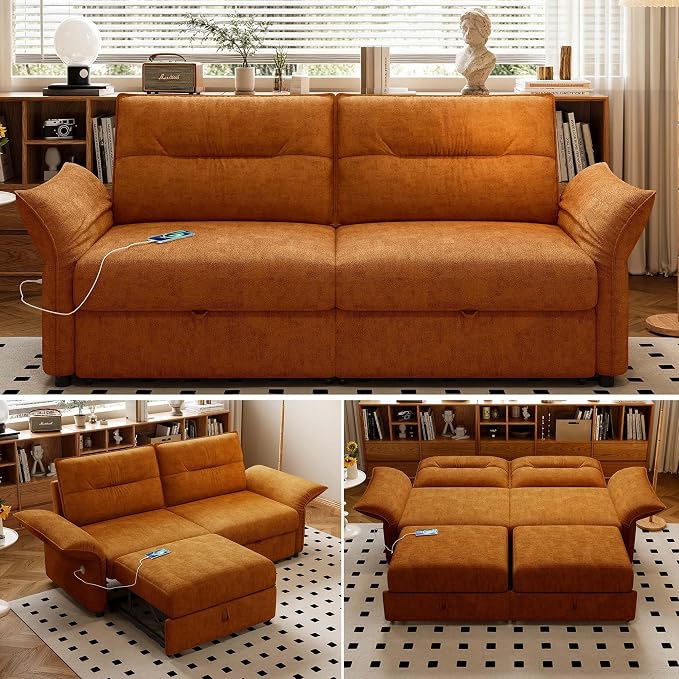 85'' Sofa Bed Full, Assembly, 3 in 1 Sleeper Sofa Beds, Flannel Pull Out Couch for Living Room, Charging & Adjustable Armrest, Comfy Loveseat for Small Space, Flannel Orange