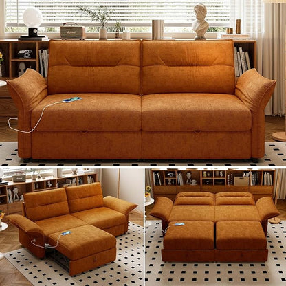 85'' Sofa Bed Full, Assembly, 3 in 1 Sleeper Sofa Beds, Flannel Pull Out Couch for Living Room, Charging & Adjustable Armrest, Comfy Loveseat for Small Space, Flannel Orange