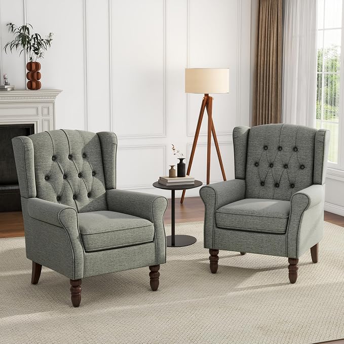 High Back Accent Chairs Set of 2, Upholstered Armchair in Fabric, Retro Wingback Arm Chair for Living Room, Comfy Single Sofa Bedroom Reading Seat with Solid Wood Legs - Dark Gray