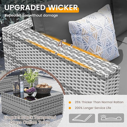 UDPATIO Patio Furniture Set with Fire Pit Table, 8 Pcs Outdoor Sectional Sofa, PE Wicker Patio Conversation Set for Garden, Backyard (Grey Cushions with Grey Rattan)