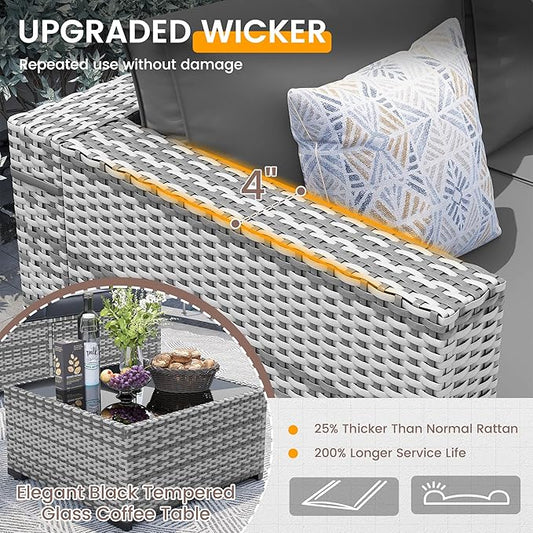 UDPATIO Patio Furniture Set with Fire Pit Table, 8 Pcs Outdoor Sectional Sofa, PE Wicker Patio Conversation Set for Garden, Backyard (Grey Cushions with Grey Rattan)