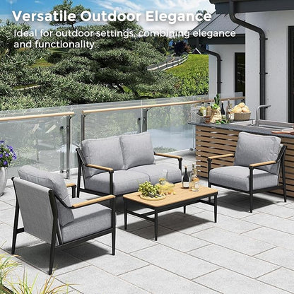 Jocoevol 4 Pieces Outdoor Sofa Conversation Set, 4 Seats Couch Set with Table, Metal Frame Rope Weaving Design UV Resistance Waterproof for Patio Garden Balcony, Grey