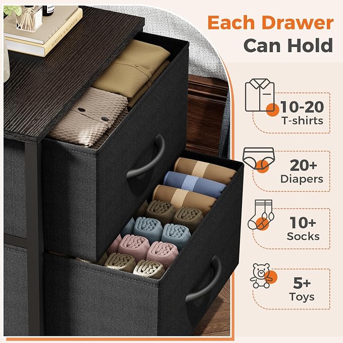 Sweetcrispy Nightstand with 2 Storage Drawers, Small Bedside Table, Black | 20" Height End Table, Wooden Top Fabric Cabinet for Bedroom, Furniture, Closet, College Dorm