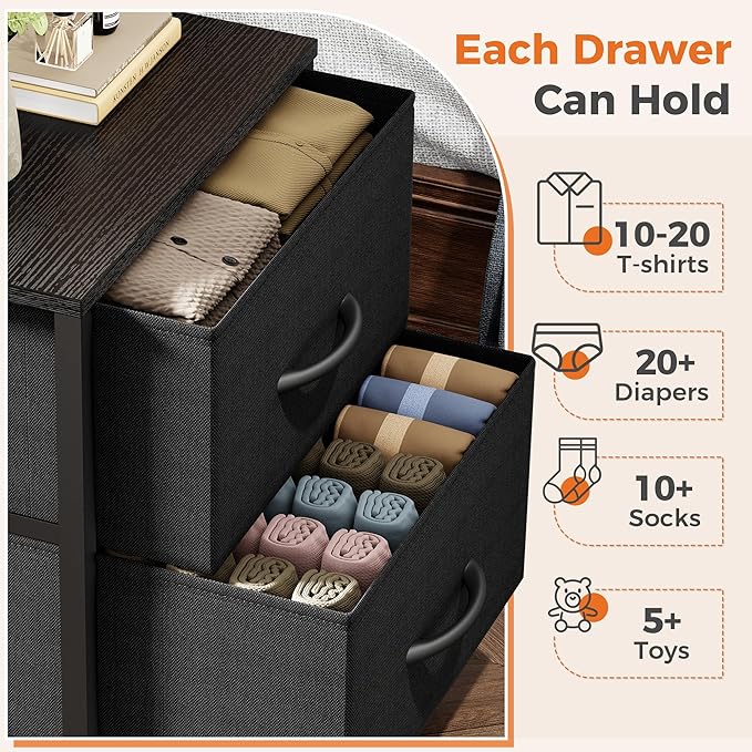 Sweetcrispy Nightstand Set of 2 with 2 Storage Drawers, Small Bedside Table | 20" Height Furniture End Table, Wooden Top Fabric Cabinet for Bedroom, Closet, Entryway, Black 2PC