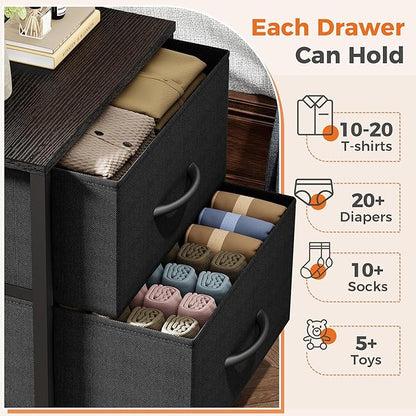 Sweetcrispy Nightstand Set of 2 with 2 Storage Drawers, Small Bedside Table | 20" Height Furniture End Table, Wooden Top Fabric Cabinet for Bedroom, Closet, Entryway, Black 2PC