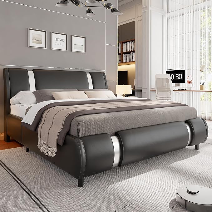 Keyluv Modern Queen Size Bed Frame with Mirror Metal Decoration, Faux Leather Upholstered Platform Bed with Curved Headboard, Wooden Slats Support, No Box Spring Needed, Black