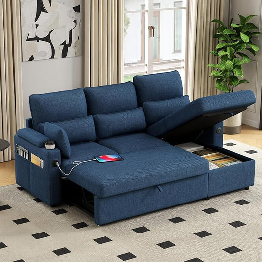 81" L-Shaped Sectional Sofa Couch, Pull-Out Sleeper Sofa Bed with Storage Chaise, Double Cup Holders, Dual USB Charging Ports, Couches for Living Room Apartment