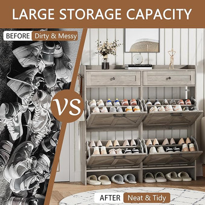Shoe Cabinet with 4 Flip Drawers & 2 Top Drawers, 43" Tall Freestanding Narrow Wooden Shoe Storage Organizer for Entryway, Hidden Slim Shoe Rack for Front Door Entrance, Hallway, Living Room, Grey