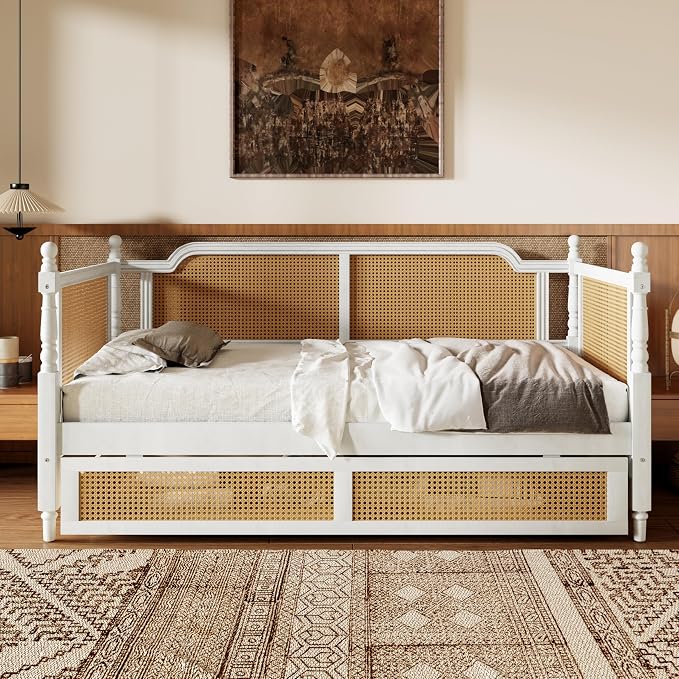 Merax Twin Size Rattan Bed Frame with 2 Storage Drawers, Wood Bedframe Daybed for Bedroom, Guest Room, Limited Spac, No Box Spring Needed, Antique White