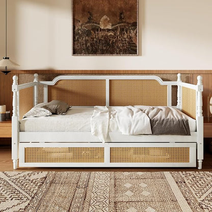 Merax Twin Size Rattan Bed Frame with 2 Storage Drawers, Wood Bedframe Daybed for Bedroom, Guest Room, Limited Spac, No Box Spring Needed, Antique White