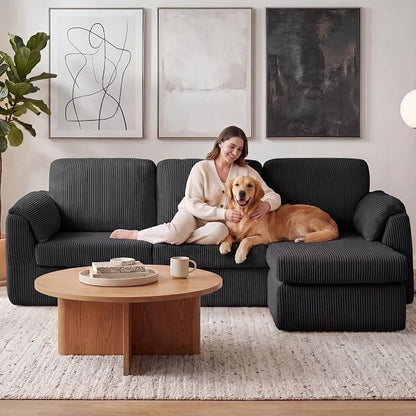 Sectional Couches for Living Room Cloud Couch with Ottoman, Upholstered Boneless Couches Modern Modular L Shaped Couch 3 Seater Sofa, No Assembly, Washable Covers, Black