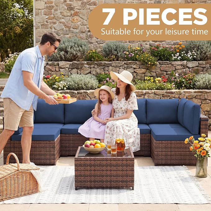LHBcraft 7 Pieces Outdoor Wicker Rattan Patio Furniture, Wicker Rattan Outdoor Sectional Sofa Set with Coffee Table & Blue Cushions for Garden