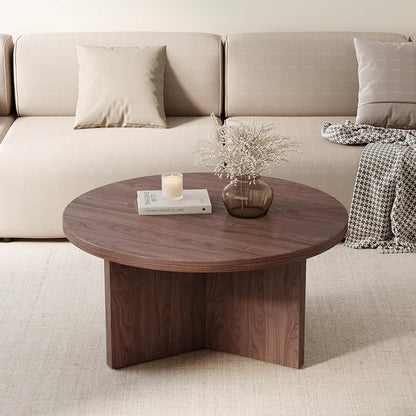 Luoxiao Round Coffee Table, 31.5" Mid Century Modern Center Tables, Walnut | Triangle Base with Anti Slip Feet for Stability, Circle Accent Table for Living Room, Apartments, Space-saving, Easy Assembly