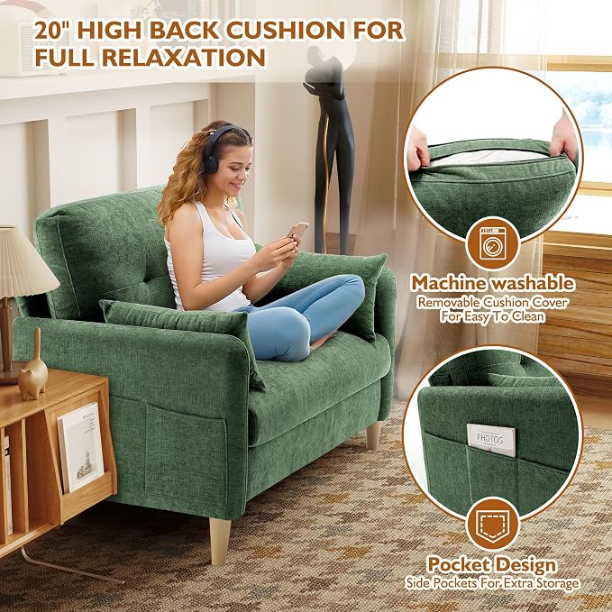 Urhanherry 47" Small Sofa Couch for Bedroom, Soft Chenille loveseat Mini Couch with Throw Pillow and Removable Cushion Cover for Small Spaces, Living Room, Apartment, Dorm, Office(Green)
