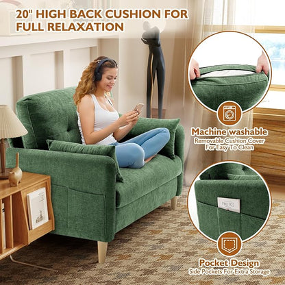 Urhanherry 47" Small Sofa Couch for Bedroom, Soft Chenille loveseat Mini Couch with Throw Pillow and Removable Cushion Cover for Small Spaces, Living Room, Apartment, Dorm, Office(Green)