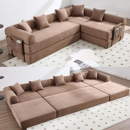 106" Oversized Convertible Sleeper Sofa Bed, Corduroy L Shape Sectional Couch, Folding Sofa Bed with Side Pocket, Modern Cloud Floor Mattress Couch, Modular Sofa for Living Room, Brown
