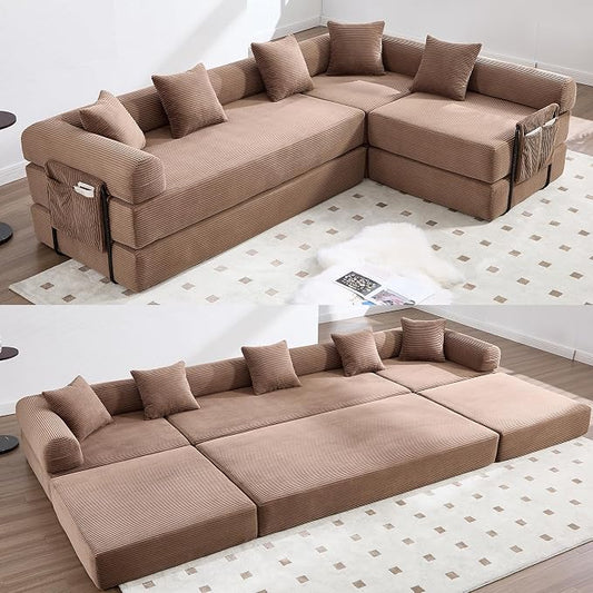 106" Oversized Convertible Sleeper Sofa Bed, Corduroy L Shape Sectional Couch, Folding Sofa Bed with Side Pocket, Modern Cloud Floor Mattress Couch, Modular Sofa for Living Room, Brown