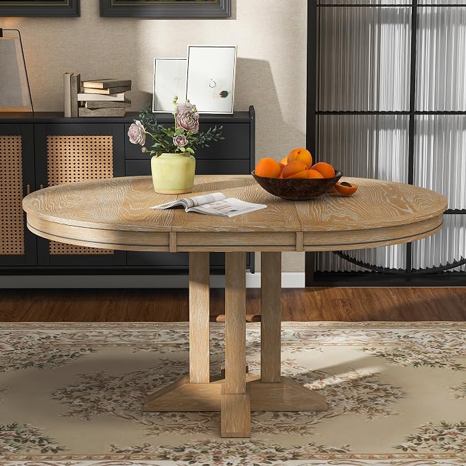 LUMISOL 42"-58" Extendable Round Dining Table for 4-6, Farmhouse Oval Kitchen Table with Removable Leaf for Kitchen, Dining Table, Small Space, Natural