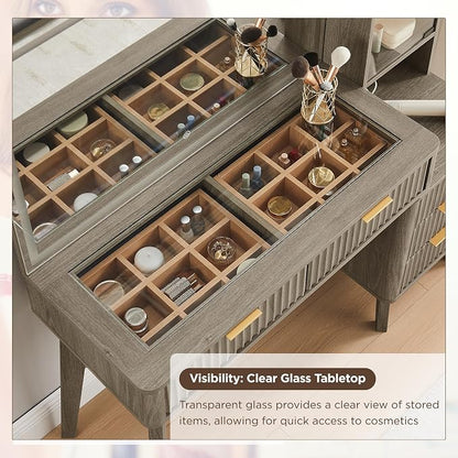 T4TREAM 48" Fluted Makeup Vanity Desk with Large 36" Mirror and Lights, Modern Glass Top Big Vanity Table w/5 Drawers & Adjustable Shelves, Dressing Table w/Charging Station for Bedroom, Brown Alder