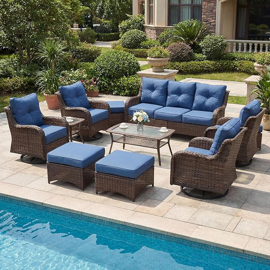 Patio Furniture Set, 12PCS Outdoor Wicker Conversation Set with 6" Thick Cushions, High Back Rattan Sofa & Swivel Rocker Chairs, Weather Resistant Olefin Fabric for Garden, Poolside, Navy Blue