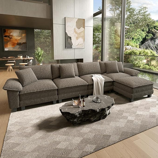 HERA'S HOUSE 158" Oversized Modular Sectional Sofa, Comfy L Shaped Couches for Living Room, Cloud Couch with Ottoman, 5-Seater Deep Seat Sofa with Throw Pillow, Chenille Ash