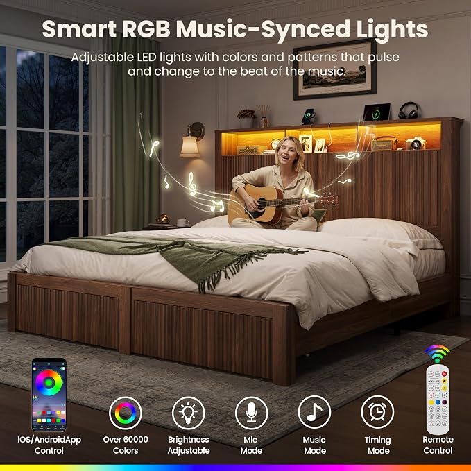CypBed Full Size Bed Frame with Headboard and Storage Drawer, Full Bed Frame with LED Light and Charging Port, Farmhouse Wavy Design, Wood & Metal Platform, Noise-Free, No Box Spring Needed, Walnut