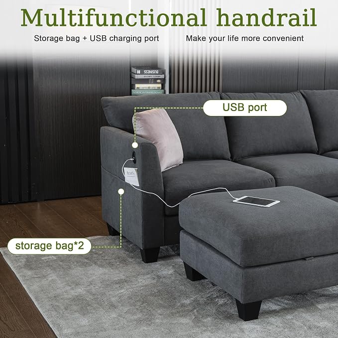 150.4" Large Sectional Couches for Living Room, 8 Seater L Shaped Modular Sectional Sofa with Two Storage Ottomans & USB, Oversized Corner Couch for Living Room (Grey)