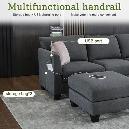 150.4" Large Sectional Couches for Living Room, 8 Seater L Shaped Modular Sectional Sofa with Two Storage Ottomans & USB, Oversized Corner Couch for Living Room (Grey)