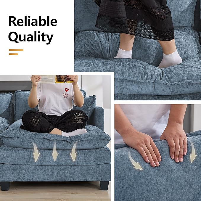 113'' V Shaped Cloud Sectional Sofa, Oversized Deep Seat Couches for Living Room, Chenille Comfy Upholstered Modular Sectional Sofa Couch with 2 Movable Ottoman, Blue
