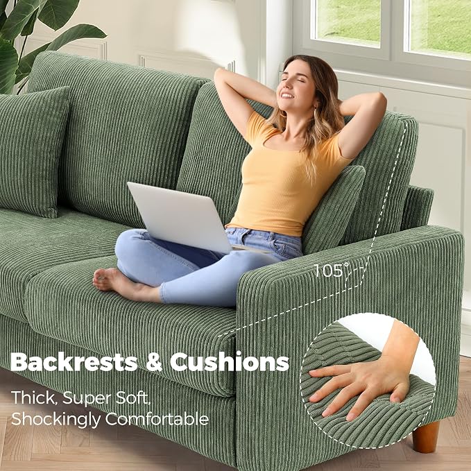 Kidirect 70in Corduroy Couch, Sofas for Living Room No Tool Assembly, Comfy Couches for Living Room 21in Deep Seats, Oversized Loveseat Sofa with 2 Pillows, 3 Seater Couch for Bedroom, Green Sofa