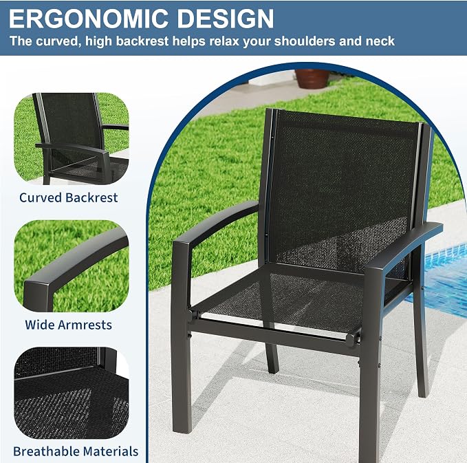 Garvee 4 Piece Patio Bistro Furniture Set, Outdoor Conversation Set with 3 Chairs, Loveseat & Glass Coffee Table, All-Weather Textilene Fabric & Steel Frame for Backyard, Poolside, Porch, Lawn - Black