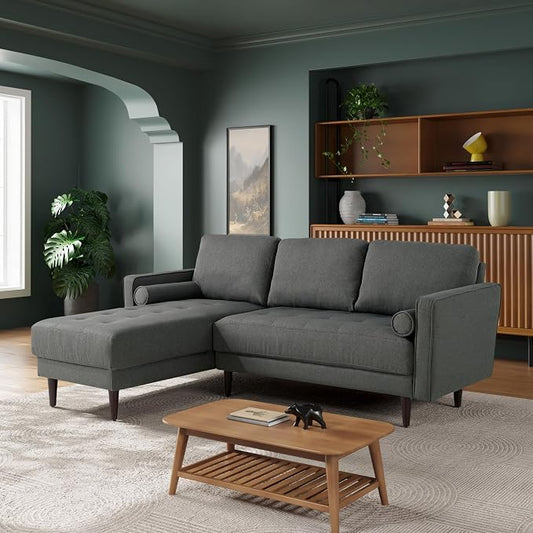 Studio Living® Lexington 83.1" Sofa Chaise, Mid-Century Modern, Pocket Coil Comfort, Reversable Chaise, Easy Assembly, Woven Fabric, Heather Grey