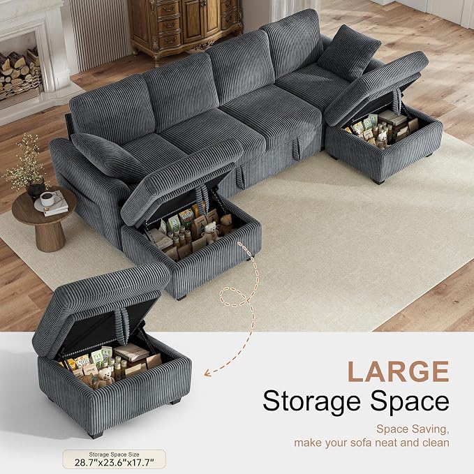Hanherry 104" Sectional Sofa with Pull Out Couch Bed,Corduroy Sleeper Sofa with Storage Ottoman & USB Charging,Comfy L Shaped Modular Couches for Living Room,Apartment