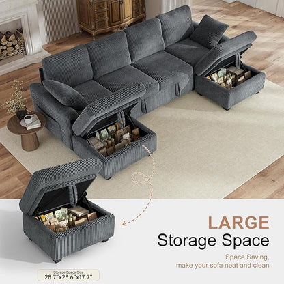Hanherry 104" Sectional Sofa with Pull Out Couch Bed,Corduroy Sleeper Sofa with Storage Ottoman & USB Charging,Comfy L Shaped Modular Couches for Living Room,Apartment