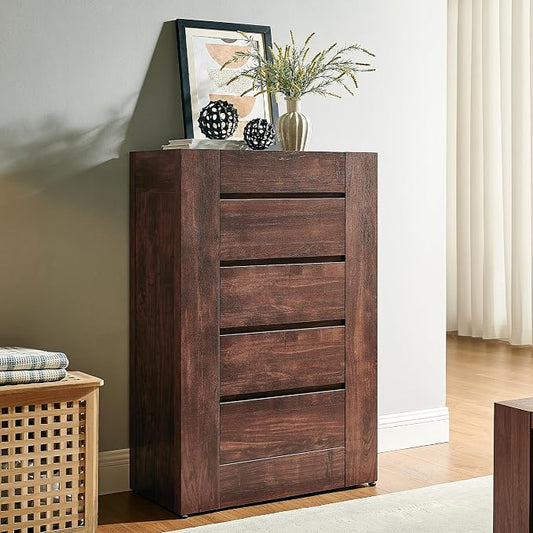 OKD 5 Drawer Dresser for Bedroom, 48" Tall Dresser Chest of Drawers with Thick Wood Design, Handleless, Modern Bedroom Dresser, Storage Organizer for Living Room/Entryway, Dark Walnut