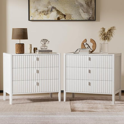 Furniway Nightstand Set of 2, Modern End Table with Solid Wood Legs, Bedside Table with 3 Drawers and Metal Handles for Bedroom, White