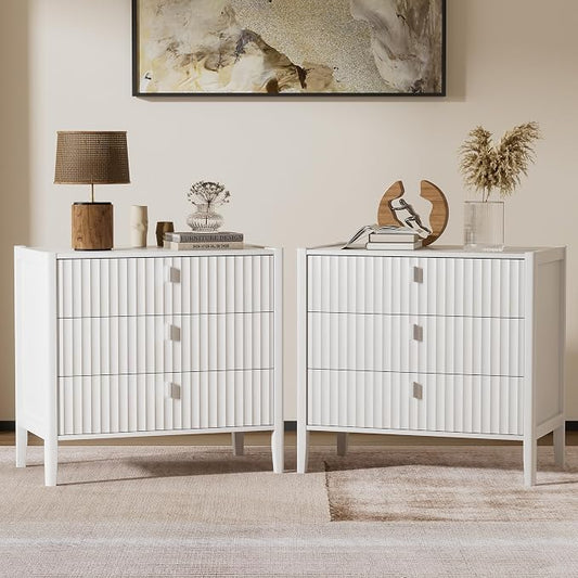 Furniway Nightstand Set of 2, Modern End Table with Solid Wood Legs, Bedside Table with 3 Drawers and Metal Handles for Bedroom, White