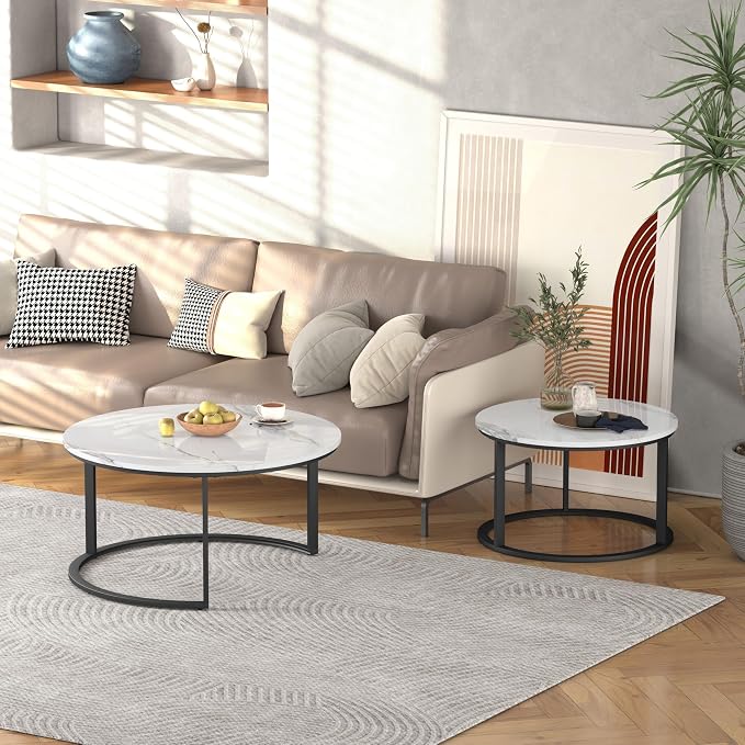 WiberWi Round Coffee Table Nesting Tables Set of 2, Large : Ø 33.5", Small : Ø 25.7", Modern Design Coffee Tables for Living Room, Metal Frame Circle Cocktail Table, High Glossy Faux White Marble
