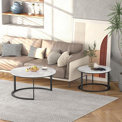 WiberWi Round Coffee Table Nesting Tables Set of 2, Large : Ø 33.5", Small : Ø 25.7", Modern Design Coffee Tables for Living Room, Metal Frame Circle Cocktail Table, High Glossy Faux White Marble