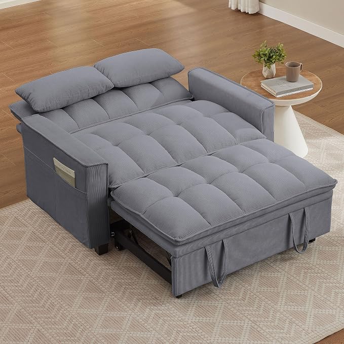 Sleeper Sofa with Pull Out Couch Bed, 48.43" Convertible Pull-Out Sofa Bed Chair, 3-in-1 Futon Couch with Reclining Backrest and Side Pockets for Living Room Bedroom Apartment, Light Grey