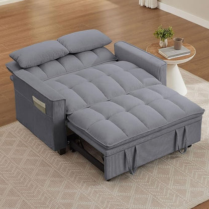 Sleeper Sofa with Pull Out Couch Bed, 48.43" Convertible Pull-Out Sofa Bed Chair, 3-in-1 Futon Couch with Reclining Backrest and Side Pockets for Living Room Bedroom Apartment, Light Grey