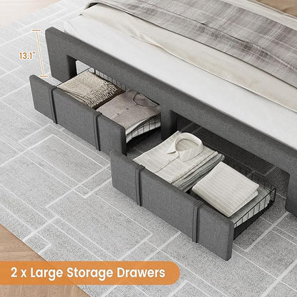 GarveeHome Full Size Bed Frame, Upholstered Platform Bed Frame with Storage Drawers, Mattress Foundation with Solid Wooden Slats Support, No Box Spring Needed, Grey