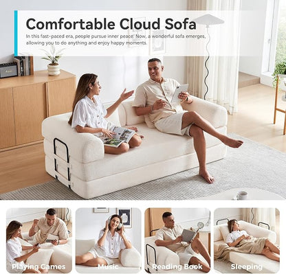 Convertible Folding Couch, 5-in-1 Futon Sofa with Armrests, Convertible Sleeper Sofa Bed Comfy Fold Out Bed for Living Room, Bedroom,Guest, Office, No Assembly Sofa for Small Spaces(Beige White)