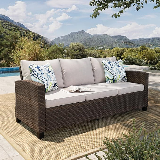 HERA'S HOUSE Outdoor Patio Sofa, 3-Seat Wicker Couch with Waterproof Thick Cushions, Deep Seating Furniture for Garden Porch Backyard, Beige