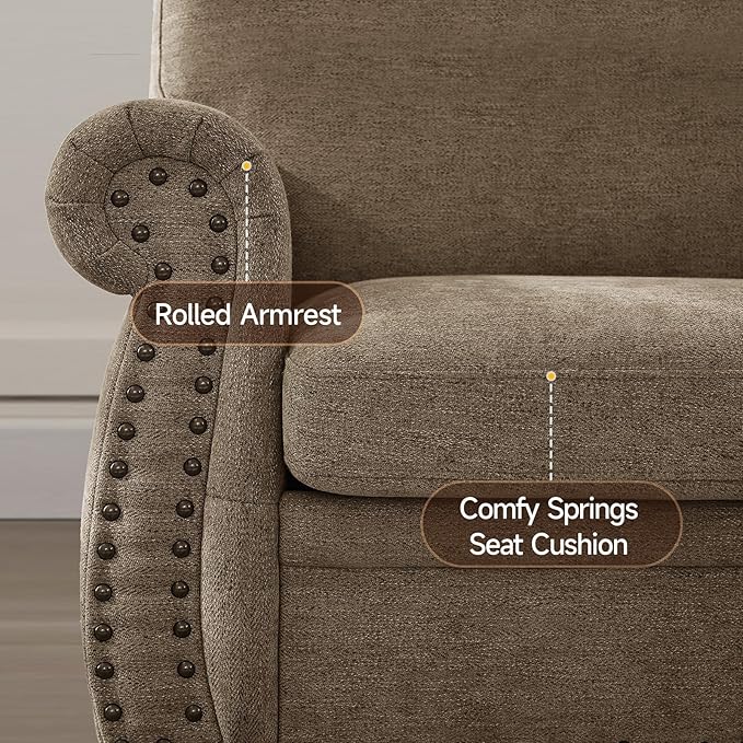 ONBRILL Nailhead Sofa, 66 Inch Small Couch with Rolled Arms, Chenille Fabric Loveseat w/Springs Seat Cushion, Vintage Curved Back, Turned Wood Legs, Comfy Couch for Living Room, Farmhouse, Brown
