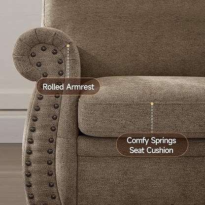ONBRILL Nailhead Sofa, 66 Inch Small Couch with Rolled Arms, Chenille Fabric Loveseat w/Springs Seat Cushion, Vintage Curved Back, Turned Wood Legs, Comfy Couch for Living Room, Farmhouse, Brown