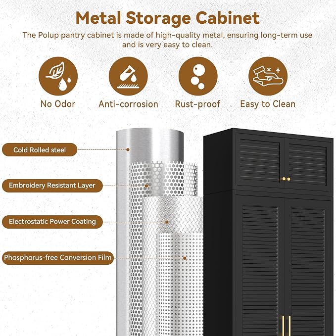 Polup 90" Tall Metal Kitchen Pantry Storage Cabinet with Doors and Shelves | Black Heavy Duty Steel Cabinet,Golden Handle,5 Adjustable Shelves,Louvered Doors,Anti-tipping,2 packages,garage,Dining room