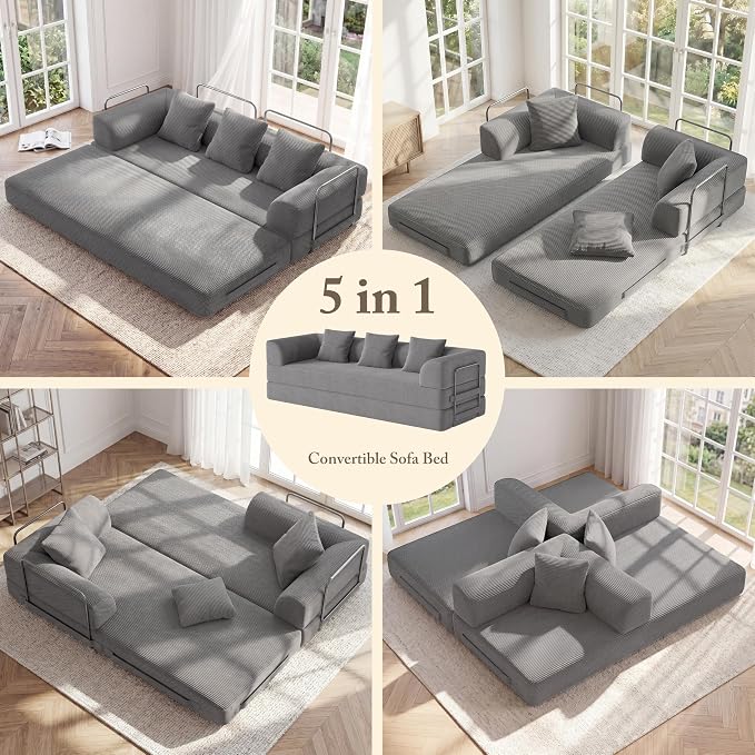 89" Cloud Boneless Convertible Sofa Bed, 5-in-1 Foldable Compressed High-Density Sponge Sofa, Corduroy Fabric 3 Seater Sleeper Couch Futon Daybed for Living Room Bedroom (Gray) | 5-in-1 Foldable